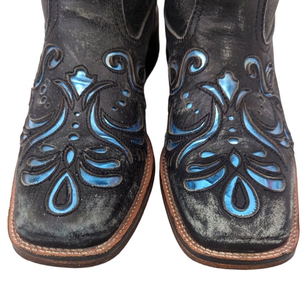 Roper Leather Cutout Western Boots Womens  7 Cowboy Distress Black Blue Metallic - Picture 10 of 13